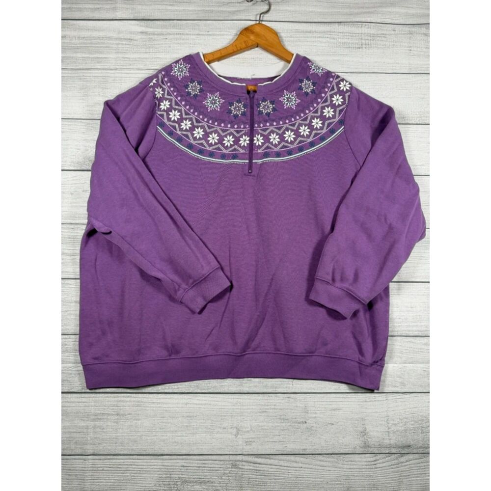 Vintage Womens 3X Purple Fair Isle Floral Quarter Zip Sweatshirt 4041